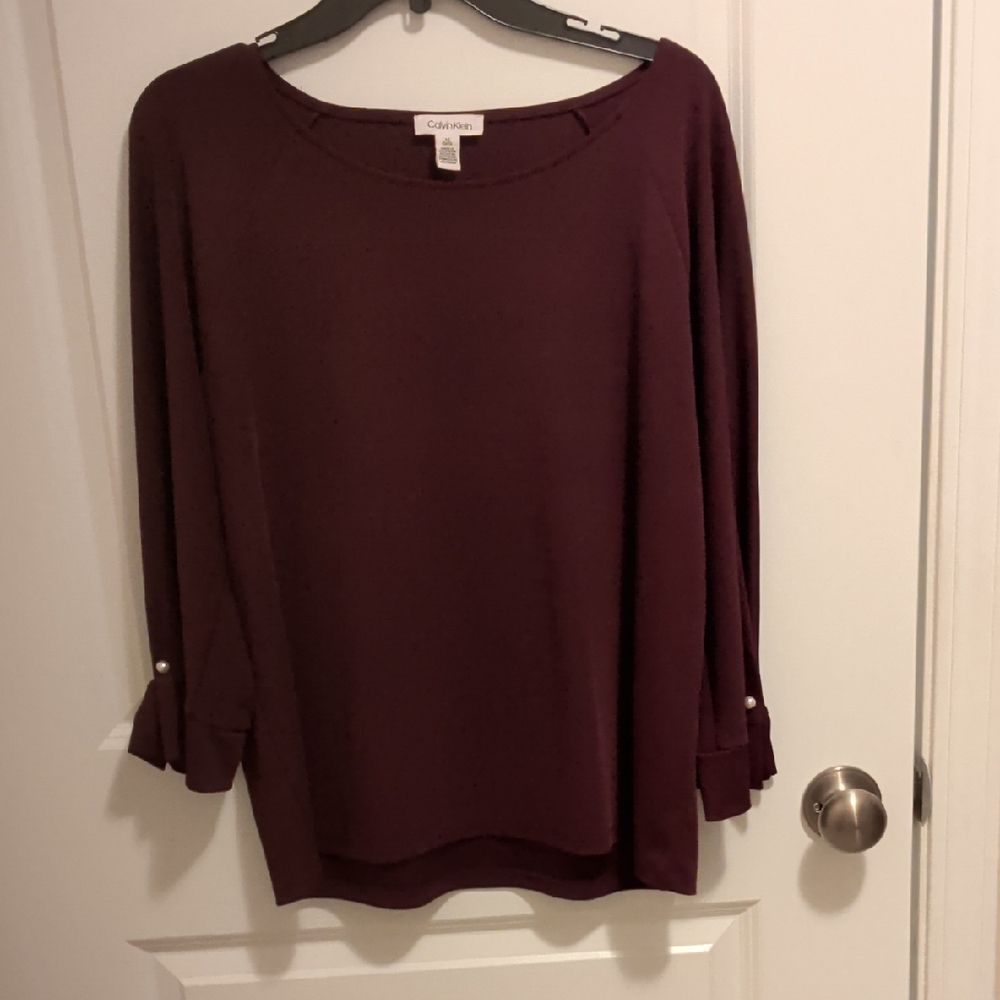 Calvin Klein Women's Burgundy Long Sleeve Top. Pearl Button Sleeves. The